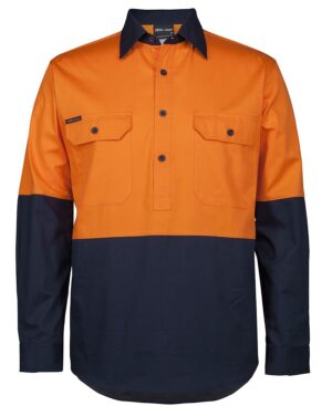 JB's HI VIS CLOSE FRONT L/S 150G WORK SHIRT - 6HVCS